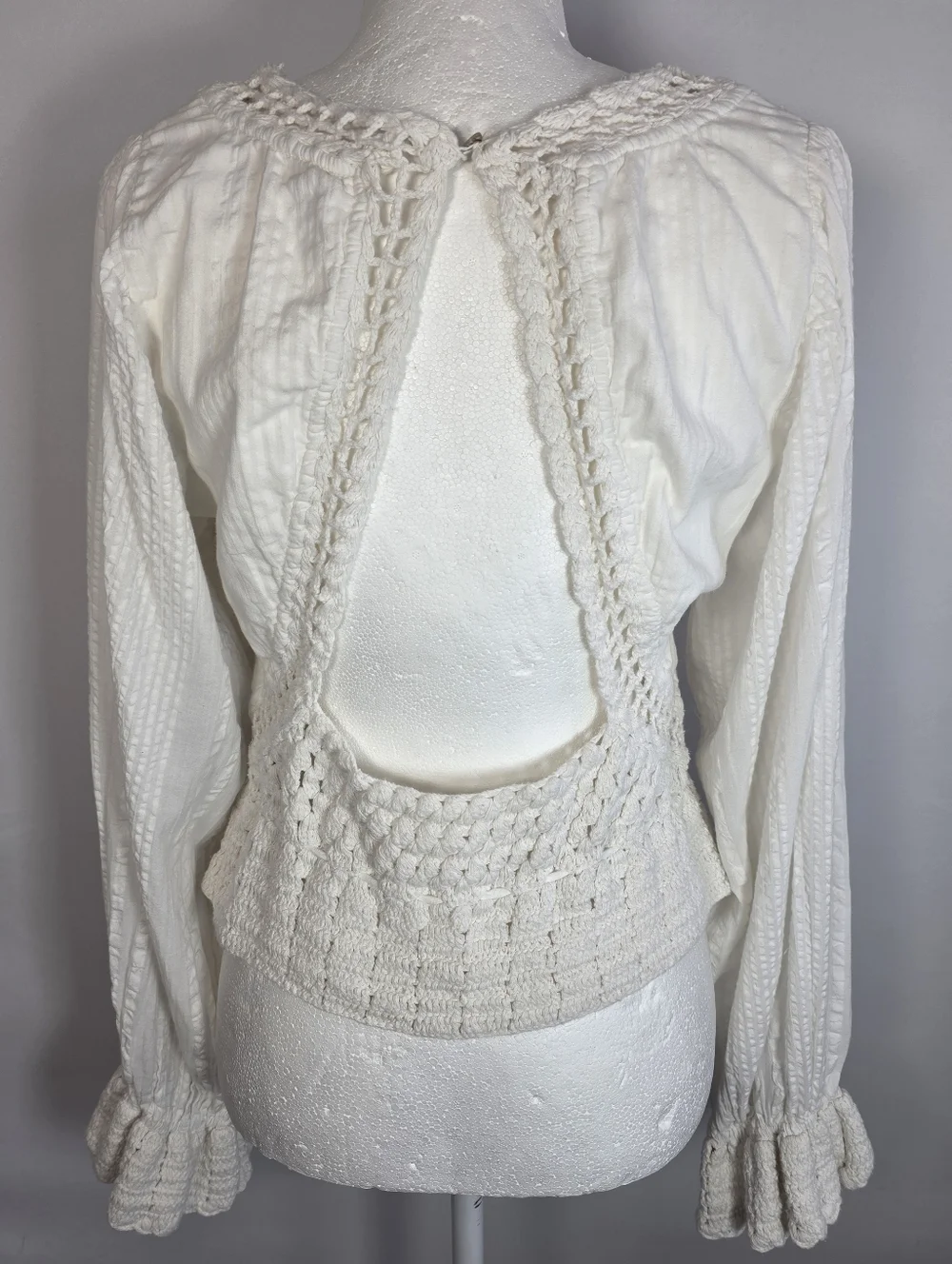 Free People Ivory Crochet Lace Boho Top Open Back Peplum Bell Sleeve Size L
